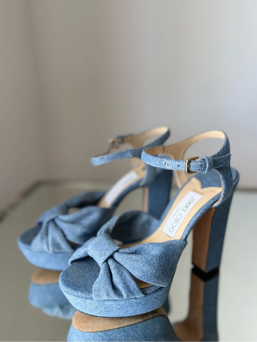 Like new JIMMY CHOO Heloise 120 Knotted Denim Platform Sandals $995 36.5